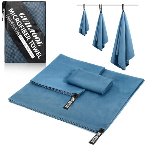 GUHAOOL Asciugamano Microfibra, Asciugamano in Microfibra 3 Set | 180x80cm&100x50cm&70x40cm, Telo Mare Microfibra, Asciugamani in Microfibra ad Asciugatura Rapida per Viaggi Spiaggia Yoga Sauna (Blu)