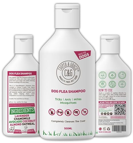Dog Flea & Tick Shampoo for Itchy Skin 500ml - Medicated Flea & Tick Cleanser for Sensitive and Smelly Dogs - Antibacterial & Anti-Fungal Grooming Product