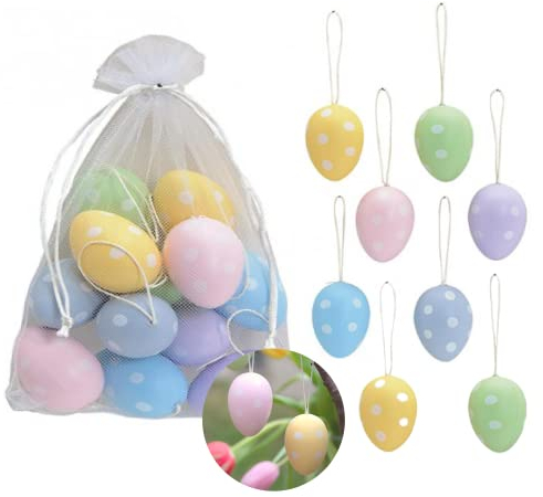 L + H WORLD 12x Ostereier Hänger-Set Pastellfarben in Premium Qualität | Maße: 6 x 4,5cm | Bunte Plastikeier zum aufhängen | hochwertige Osterdekoration zum verzieren