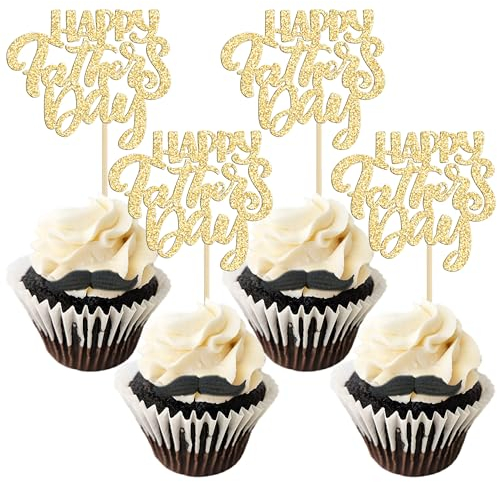 24Pcs Gold Glitter Father's Day Cupcake Toppers Happy Father's Day Best Dad Cake Toppers Birthday Party Super Dad Cake Decorations Toppers Picks for Father's Birthday Party Supply