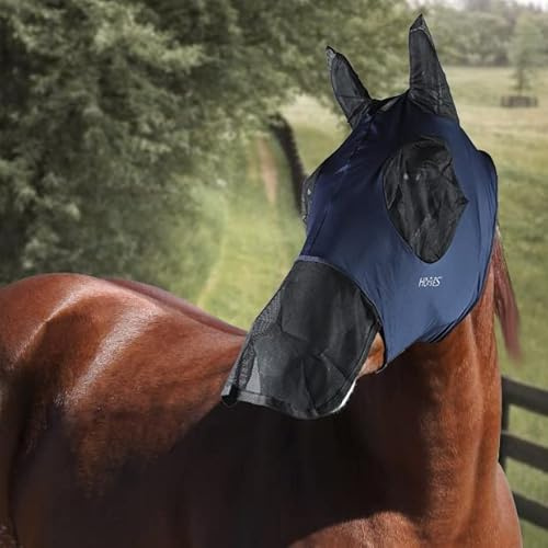 Horses, Masque en Lycra avec Filet pour Les Yeux et Le Nez, Masque Anti-Mouches Léger et Respirant, N’Entrave Pas Le Champ de Vision du Cheval, Protection des Yeux et des Oreilles (Full, Marine)