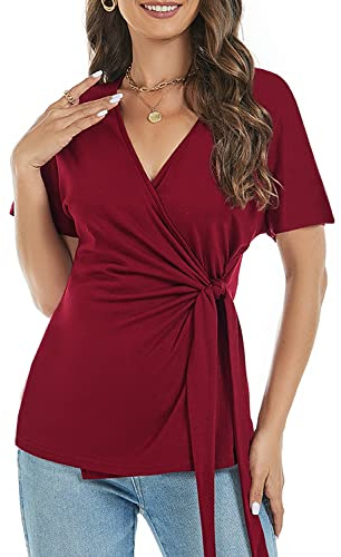 Womens Summer Burgundy Red Wrap V Neck Short Sleeve Front Tie Knot Waist Tops 2026 Trendy Dressy Casual Spring Batwing Dolman Asymmetrical Ruched T Shirts Blouse XL