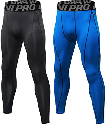 LNJLVI Leggings Sportivi Uomo a Compressione Running Pantaloni Calzamaglia ad Asciugatura Rapida(Nero-Blu Line,XL)