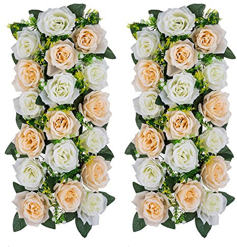 Inweder Champagner Kunstblumen für Hochzeitsdeko Tisch - 2 Pcs Künstliche Blumen für Hochzeit Fake Flowers Tischdeko Rosen Blumen mit Kunststoff-Basis Seidenblumen für Läufer Tisch Home Deko