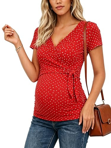 Love2Mi T-shirt d'allaitement à manches courtes pour femmes enceintes, T-shirt de maternité, mode de grossesse, col en V, pour femmes enceintes, L