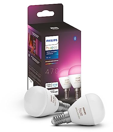 Philips Hue - Bombilla LED inteligente Esférica, casquillo E14, 5.1W 470 lúmens, Luz Blanca y de Colores, Compatible con Alexa y Google Home - Pack de 2