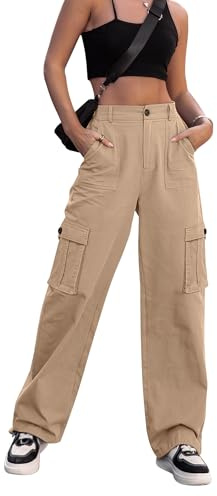 Zmpsiiisa - Pantaloni cargo da donna a vita alta, a gamba larga, stile casual, con 6 tasche, militari e da combattimento, Cachi, XS