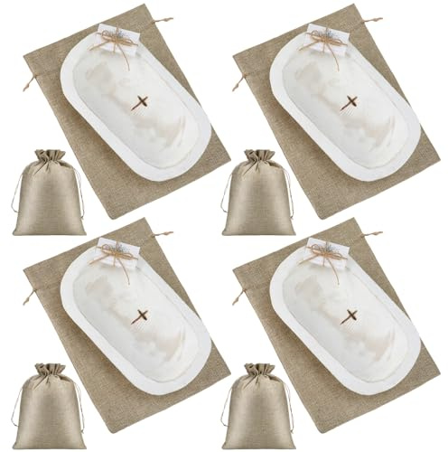 Eaasty 4 Sets Prayer Wooden Dough Bowl with Religious Cross Christian Prayer Mother's Day Gift for Mom Women 10 Blessing Card Small Bowl Congregation Gift Resin Bread Container with Linen Bag (White)