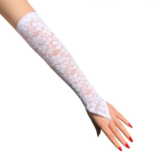ZKSXOA 1 Paio Guanti da Sposa Lunghi, Senza Dita, in Pizzo, per Matrimoni e Feste,Bianco