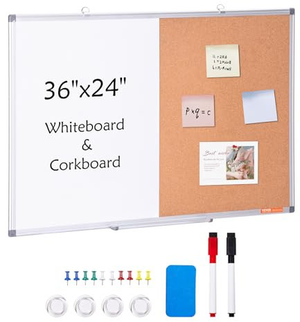 VEVOR 36x 24 Whiteboard & Cork Board Combo with Aluminum Frame – 2-in-1 Magnetic Dry Erase Bulletin Board for Wall Mount – Ideal for School, Home, Office