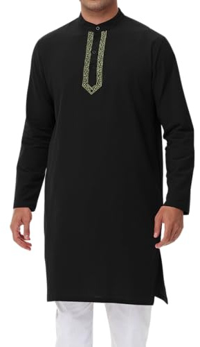 NANAMEEI Kurta Homme Manches Longues Traditionnel Tunique Musulman Ensemble Qamis Indienne Homme Noir 3XL