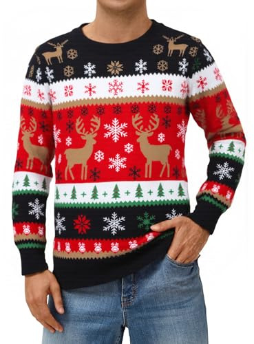 Atforna Pull de Noël pour homme - Pull de Noël amusant - Col rond - Pull en tricot avec flocon de neige - Pour fête de Noël