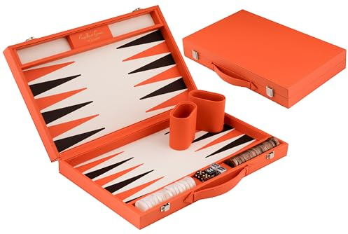 Engelhart-250564 – Backgammon 15 Inch (38.6 cm) Luxury Orange Faux Leather Case – Inlaid Board – Open 47.4 × 38.6 cm – Black/Orange Pieces – Dice & Cups – Classic Board Game