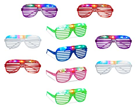 Relaxdays 10 x Partybrille mit LED, Atzenbrille für Karneval und Fasching, Gitterbrille für Kinder, Blinkend mit Farbwechsel