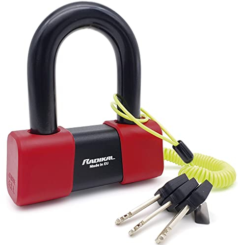 RADIKAL RK75 Zugelassenes Bremsscheibenschloss Motorrad Mini U, Laborgetesteter Hi-Tech Stahl Bügel 18mm, Doppelverriegelung, SEK DISCTECH, Mehrzweck, Erinnerungskabel, Motorradschloss Roller Schloss