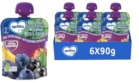 Mellin, Pouch Snack 100% apple - banana - blueberry - blackcurrant - 6 Packs of 90 g (Packaging may vary)