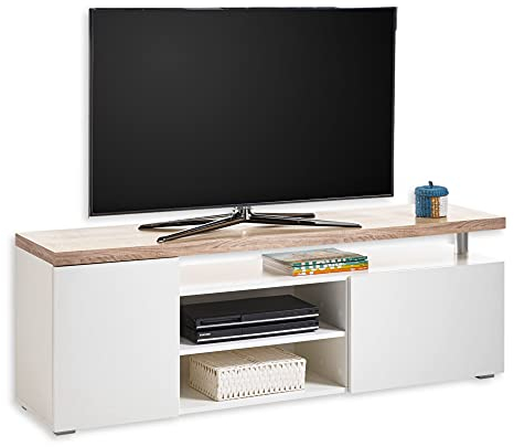 VIEW TV-Lowboard in Eiche Sonoma Optik, Weiß - Moderner TV Schrank mit Ablage und viel Stauraum für Ihr Wohnzimmer - 160 x 55 x 38 cm (B/H/T)