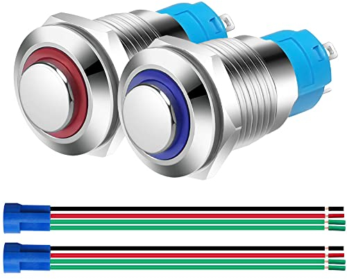 Gebildet 2pcs 12mm Momentan Drucktasten,Edelstahl Kurzzeitiger 230V AC 3A LED Normalerweise Offen SPST ON Off Wasserdichter Taste mit Steckdose Stecker (Blau+Rot,Hoher Kopf)