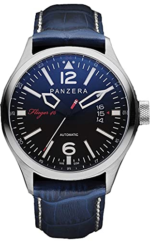 Panzera Flieger 46 Hornet Command Automatik Stahl Schwarz Leder Blau Datum Herren Uhr