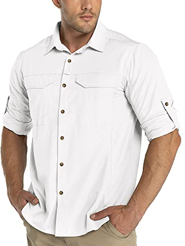33,000ft Camicia da Uomo con Protezione UV UPF50+ a Maniche Lunghe, Camicia Traspirante con Collo a Bottoni, Camicia Sportiva da Tempo Libero, Camicia da Pesca per Uomini, bianco, XXL