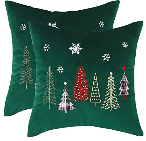 Tosleo Juego de 2 Fundas de Almohada de Navidad 18 x 18 Pulgadas, Decoración Bordada Con Árbol Para Cama, Sofá, Cojín de Coche (Verde)