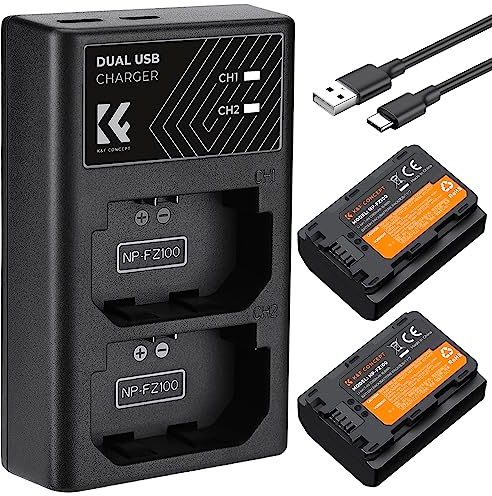 K&F CONCEPT NP-FZ100 Kamera Akku,2er Pack 2280mAh Kameraakku USB Dual Ladegerät für Sony Alpha 9, A9, Alpha 9R, A9R, Alpha 9S, A9S, A7RIII A7R3, A7 III, A7R4, A7RIV ZV-E10ii Digitalkameras