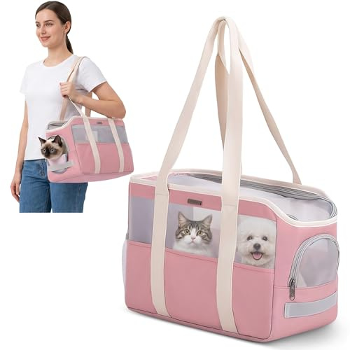ALLSOPETS Borsa Trasporto Morbida per Cani e Gatti Piccoli, Tracolla Pieghevole Traspirante con Cinturino di Sicurezza, Borsa da Viaggio per Veterinario Shopping Uso Esterno (Rosa Pastello)