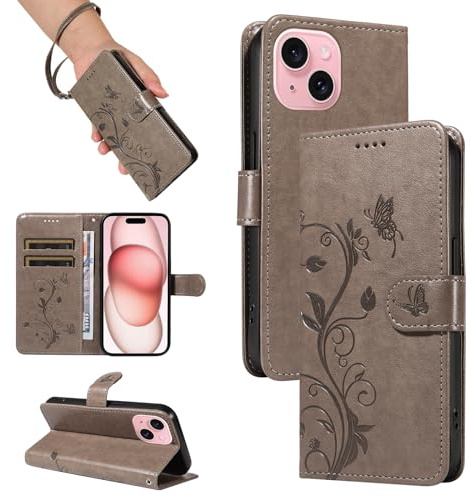 SRISHP Coque pour iPhone 15, Housse Etui Portefeuille Cuir PU Multifonction, Magnétique Étui de Protection Compatible avec iPhone 15, Gris