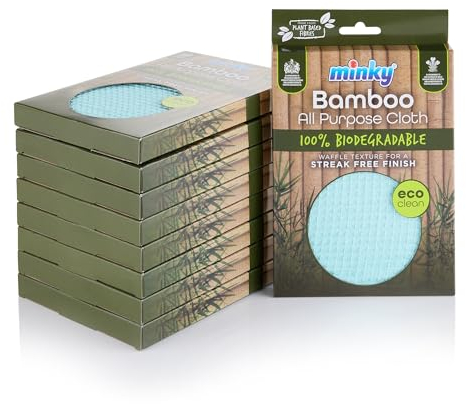 Minky Bamboo All Purpose Cleaning Cloth Pack of 9, 100% Biodegradable Cloth, Waffle Texture, Strong & Long Lasting Cleaning Cloths, Super Absorbent Natural Bamboo & Cotton Fibres