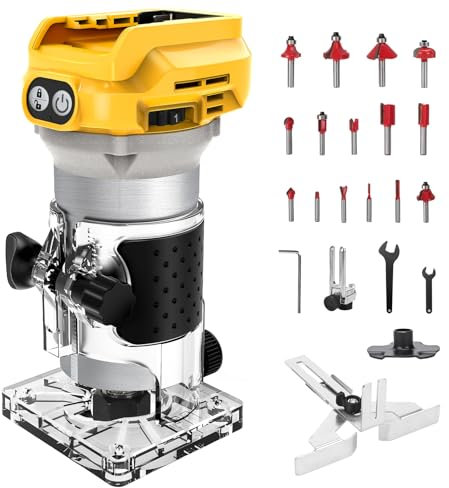 Rebajadoras inalámbrico compatible con Dewalt 20V batería (Sin batería), Fresadora de madera sin escobillas 1300 W con 6 velocidades, guía recta, rueda guía, 15 brocas y 2 llaves, enrutador de palma