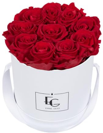 EG EMMIE GRAY Classic Infinity Rosebox | Round | S | Vit – 9 ± 1 Infinity rosor med lång hållbarhet, riktiga rosor som blommar upp till 3 år, konserverade rosor (klarröd)