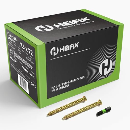 Heifix Lot de 100 vis à béton en acier au carbone plaqué zinc 7,5 mm x 72 mm Embout Torx T30 inclus Tête fraisée plate avec nervures de verrouillage, filetage haut/bas profond pour un maintien maximal