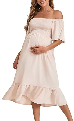 Vuncio Robe épaule Dénudée Maternité Manche Courte Robe mi Longue Grossesse à Volants Ete Grande Taille Ample Enceinte Chic Pas Cher Shooting Photo (Beige, XL)