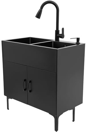 Lavandino da cucina 75 x 41 x 78 cm Lavabo autoportante in acciaio inox, Mobile Lavatoio Commerciale con Rubinetto, per Interno, Garage Ristorante Lavanderia Giardino, nero