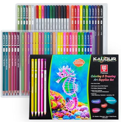 KALOUR 60 Art Drawing Set, 5 Types of Colouring Pencils Including Oil-Based, Metallic, Watercolour, Neon, Macaron Pastels. For Artists, Adults. Art Supplies for Sketching, Colouring & DIY Crafts