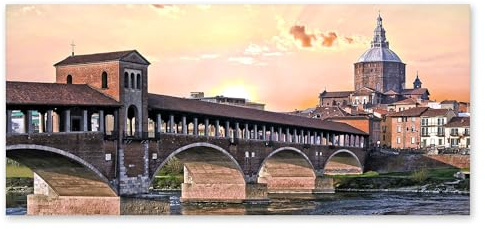 Lupia - Quadro moderno su Tela Canvas DEEP 65X143 cm, con paesaggi e localismi italiani, per casa, soggiorno, capezzale camera da letto, hotel, ufficio, PAVIA - PONTE E DUOMO AL TRAMONTO