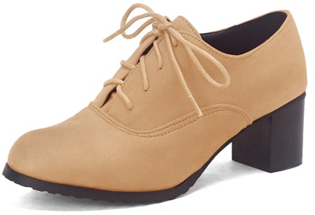 SHEMEE Women's Block Heels Oxfords Lace Up Brogues Faux Suede Chunky Heel Oxford Pumps Retro Victorian Laced Oxford Brogue Derby Shoes Apricot,Size 8