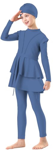 Generisch 2025— Traje de baño musulmán para niñas de 3 piezas cubriendo hijab burkini árabe traje de baño traje de baño traje de sol moda playa top pantalones gorro disfraz, azul, 11-12 años
