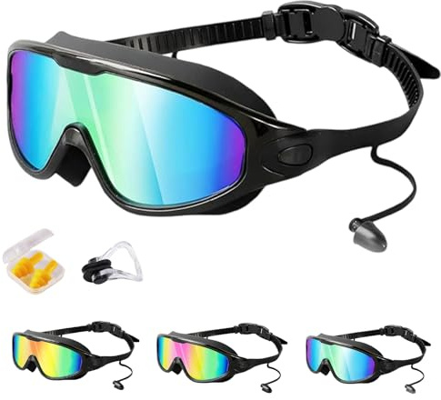 HItianya My Cool Summer Goggles, No Leaking Swim Glasses for Men Women Youth, Waterproof Anti-Fog Kids Swimming Clip on Goggle with Ears Plugs Attached for Junior Boys Girls (Black With Powder)