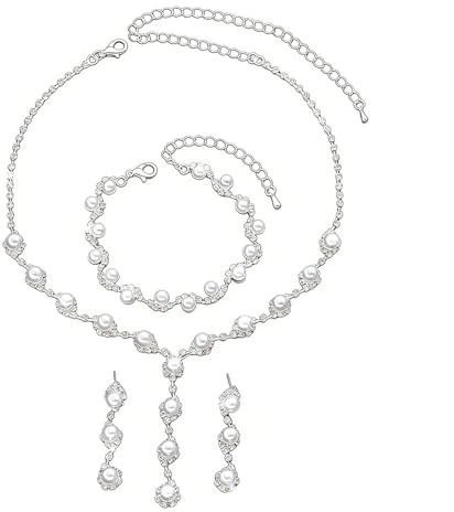 XFSRG Parure Bijoux Femme Élégante Perles et Strass Collier Bracelet et Boucles d'Oreilles Ensemble Bijoux Fantaisie pour Mariage et Soirées (Perle)