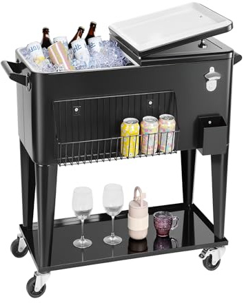 VEVOR Glacière à roulettes Isotherme Contenance de 75,71 L 50 Bouteilles/110 Canettes, Chariot Bar Extérieur avec Étagère Inférieure, Panier Latéral et Décapsuleur, pour Boissons Fraîches, Noir