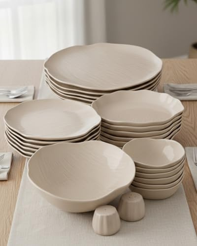 Keramik Geschirrset 27-teilig für 6 Personen – BAVARY Cermico | Beige Wellenrand Scandi-Look | Tafelservice Kombiservice Hochzeitsgeschenk Einweihungsgeschenk | Spülmaschinenfest & Mikrowellengeeignet