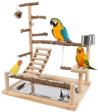 Parque de Juegos para Aves, Parque de Juego de Madera, Escalera con Bebedero y Bandeja de Acero Inoxidable, para Cacatúa NINFA, Pinzón, Agapornis en Masticación, Entrenamiento, Ejercicio