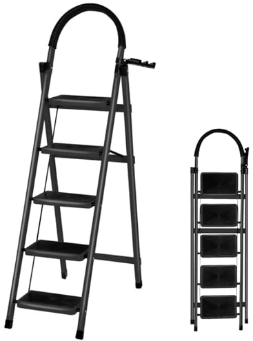 Escalera Plegable de Acero con 5 Peldaños, Escalera Doméstica Antideslizante con Barandilla para Cocina, Hogar y Oficina - Negro