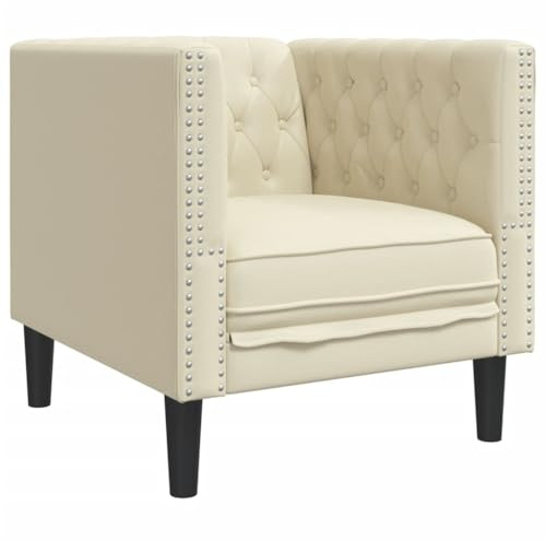 HETFTJN Poltrona Chesterfield color crema, elegante poltrona club in ecopelle con cuciture a bottoni, poltrona imbottita per soggiorno e ufficio, poltrona lounge in legno massiccio, 71 x 74,5 x 70,5