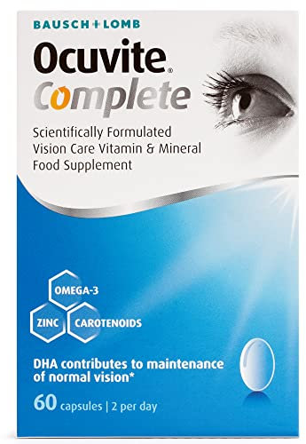 Ocuvite Complete, Eye Supplement Capsules, by Bausch + Lomb, Lutein and Zeaxanthin supplement with DHA Omega 3 plus Zinc, Supports Normal Vision, Two Capsules per Day