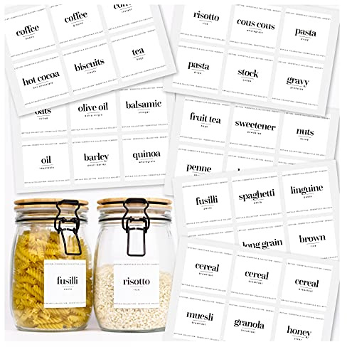 36 x Essential Collection Labels for Jars - Contemporary Printed White Sticky Labels for Kitchen and Pantry Storage
