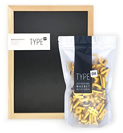 TYPE OH Lavagna magnetica (30 x 40 cm) con 200 lettere magnetiche moderne, numeri e caratteri speciali, ideale per menu, lista della spesa lettera/messaggi, lavagna con lettere (gialla gaga)