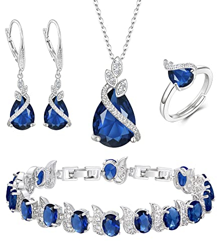 Clearine Hochzeit Schmuck-Set für die Braut Tropfenschliff Saphir-Blau Zirkonia Halskette Leverback Ohrringe Tennis Armband und einstellbare Ring Set Geschenk für Muttertag / Jubiläum / Geburtstag