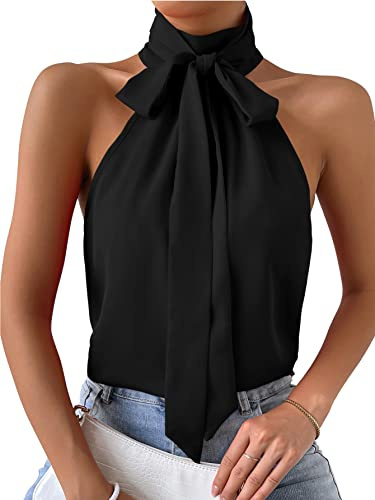 Verdusa Women's Tie Knot Halter Neck Sleeveless Blouse Shirt Top Black S